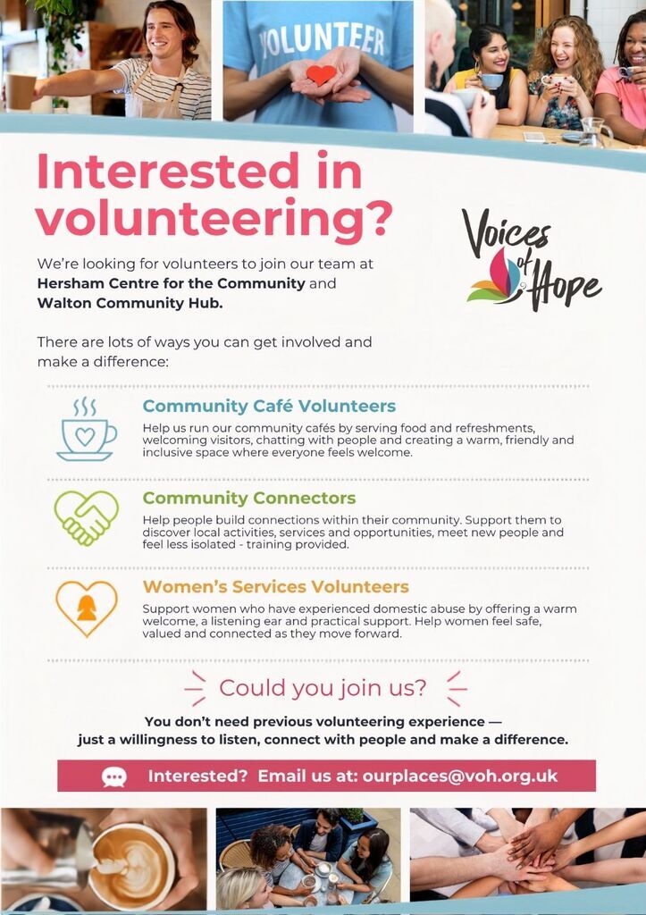 Are you interested in volunteering?  We are looking for volunteers for in Hersham and Walton-on-Thames! image
